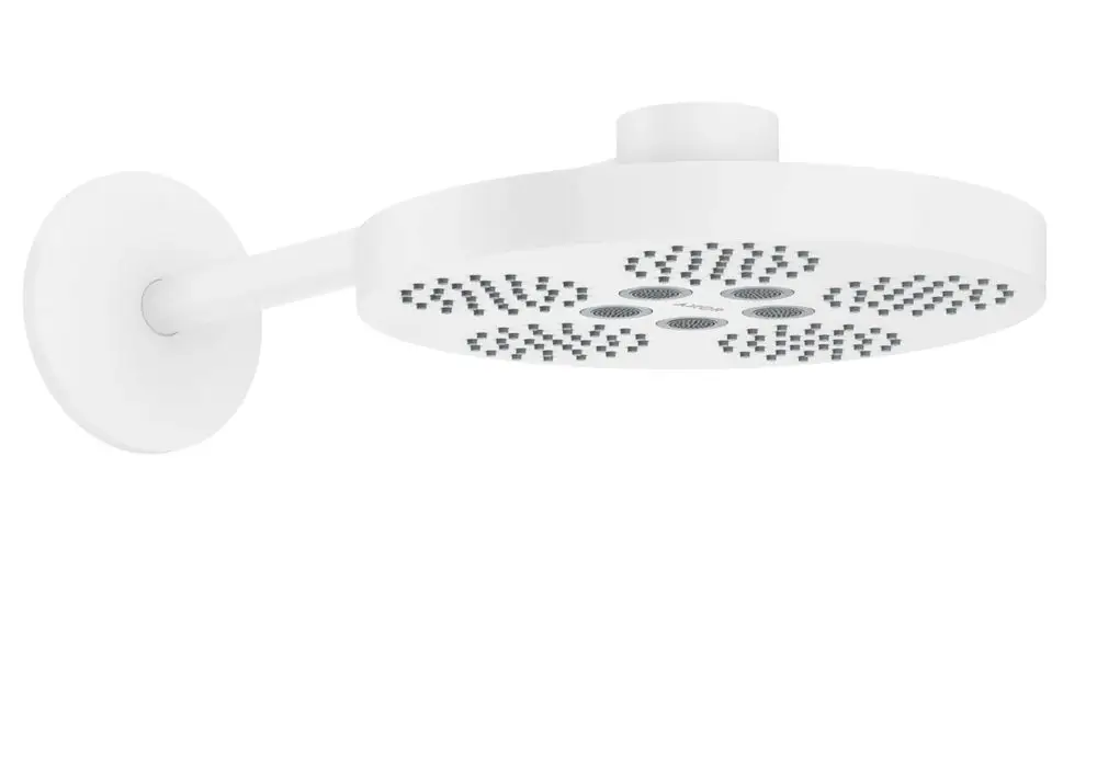 Weißer Kopfbrause mit runder Form und mehreren Düsen, montiert an einem Wandarm. Das Produkt ist von AXOR konzipiert und hat ein minimalistisches Design.